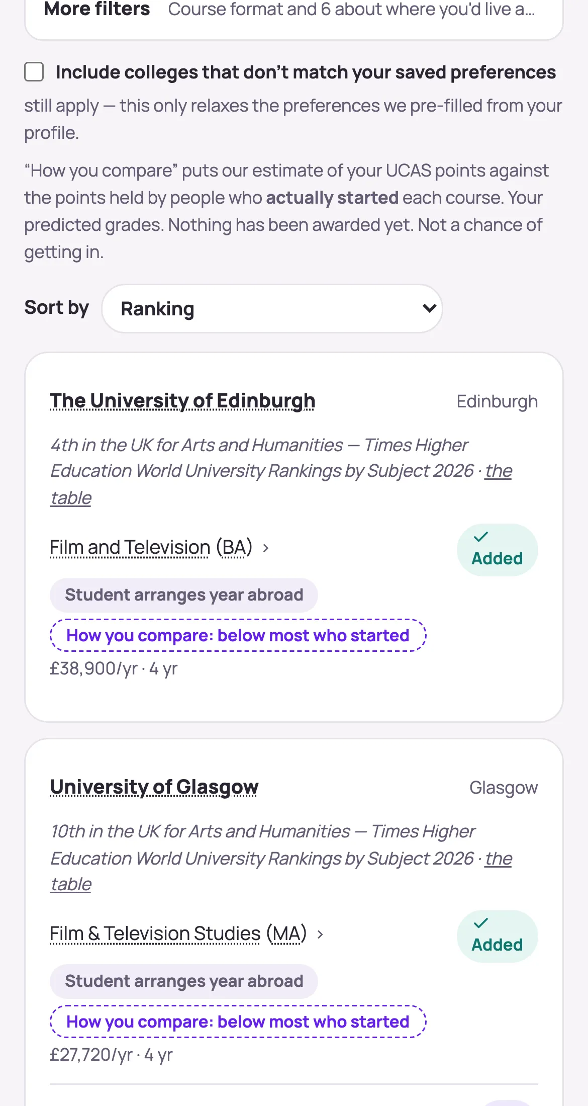 139 film and television courses sorted by ranking. The University of Edinburgh is first, 4th in the UK for arts and humanities; then Glasgow, 10th; York, 12th; Bristol, 16th.