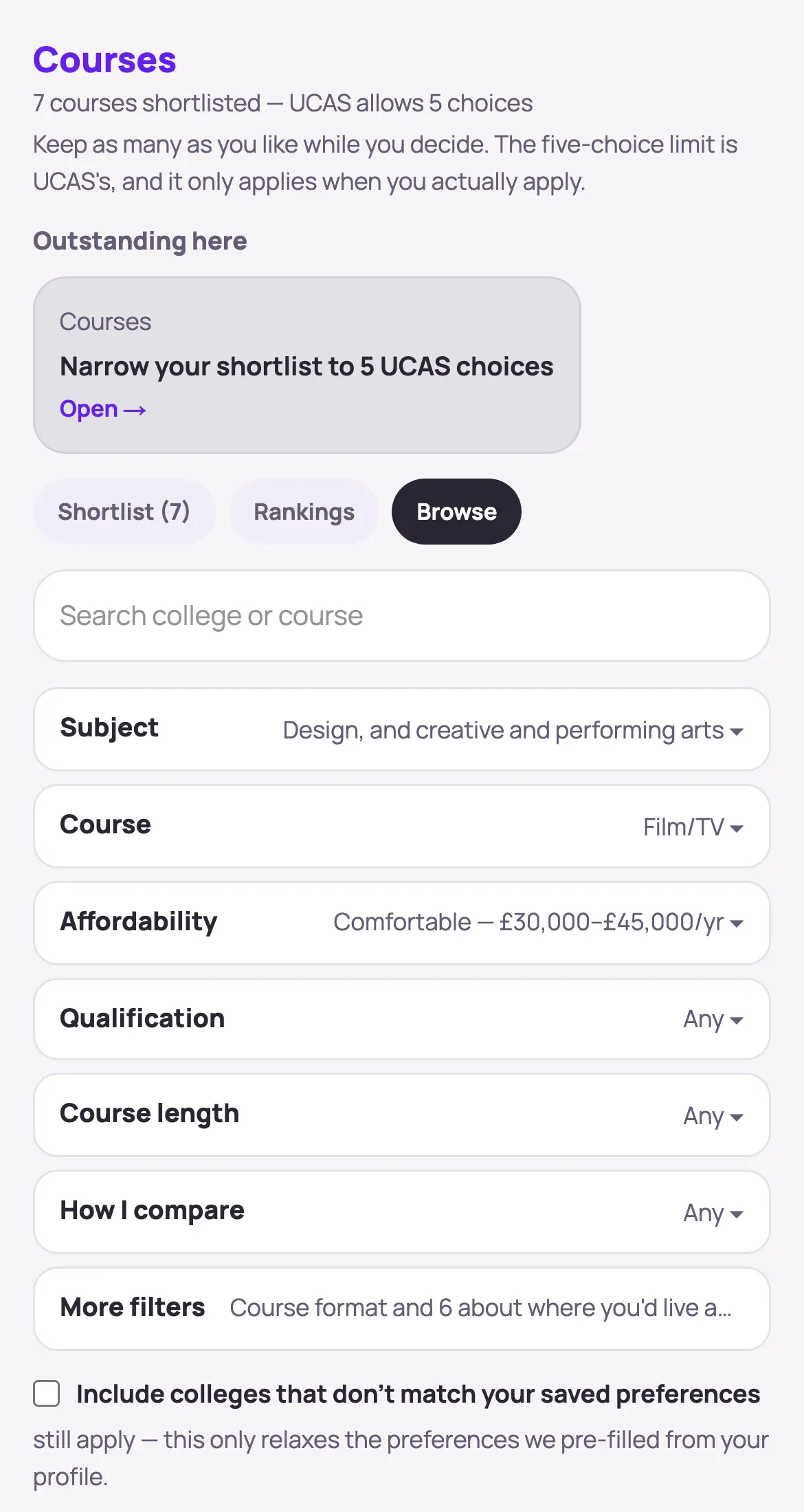 The Courses screen on a phone: a search box, and filters for subject, course, affordability, qualification, course length and how you compare.