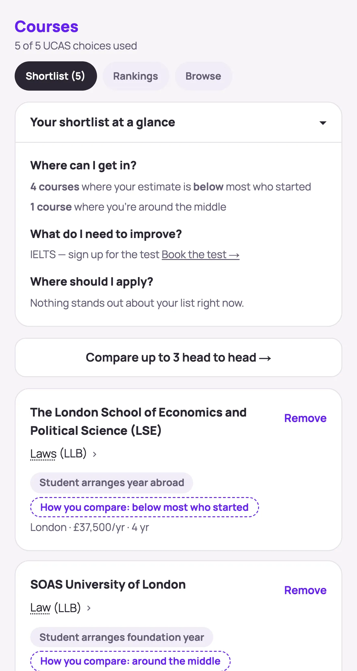 Her shortlist: 5 of 5 UCAS choices used. Under Where should I apply, it reads: nothing stands out about your list right now.