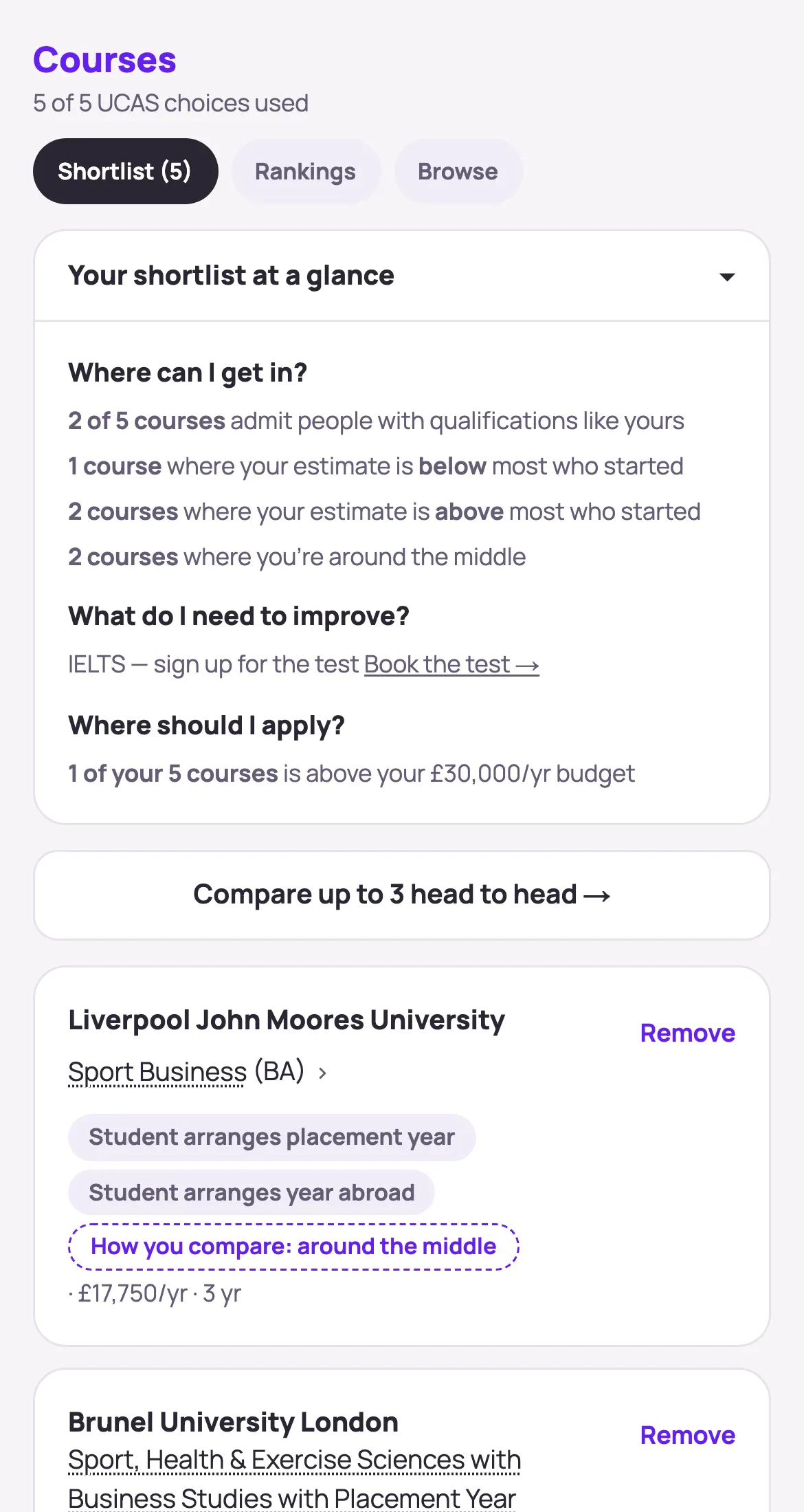 His shortlist at a glance: 5 of 5 UCAS choices used, and 1 of his 5 courses is above his £30,000 a year budget.