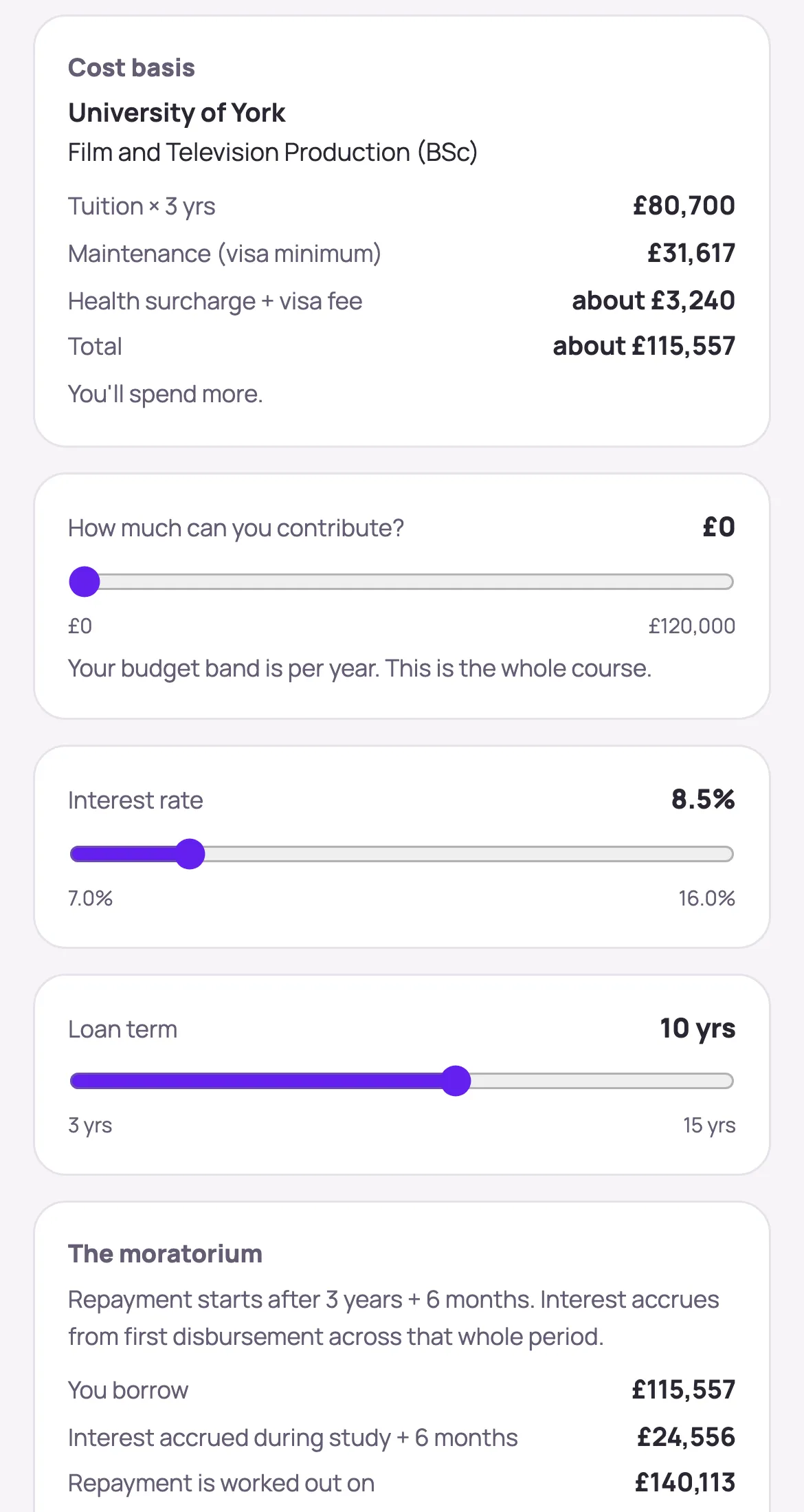 The cost of one course on a phone: tuition for three years, living costs at the visa minimum, health surcharge and visa fee, and the total.