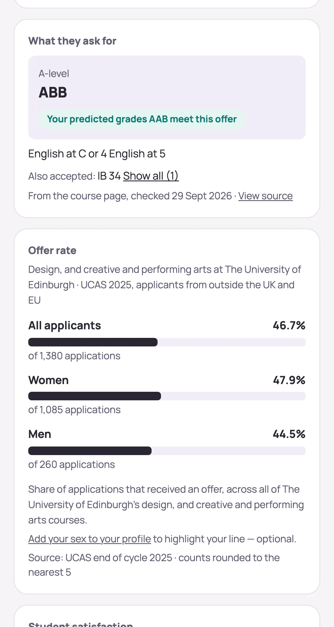 The University of Edinburgh's Film and Television course: it asks for ABB at A-level, her predicted AAB meets the offer, and 46.7% of applications from outside the UK and EU received an offer.