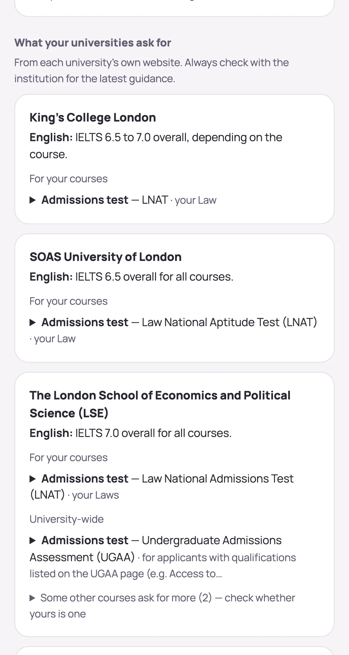 What her universities ask for: King's College London, admissions test, LNAT, for her Law course. The same appears under LSE.