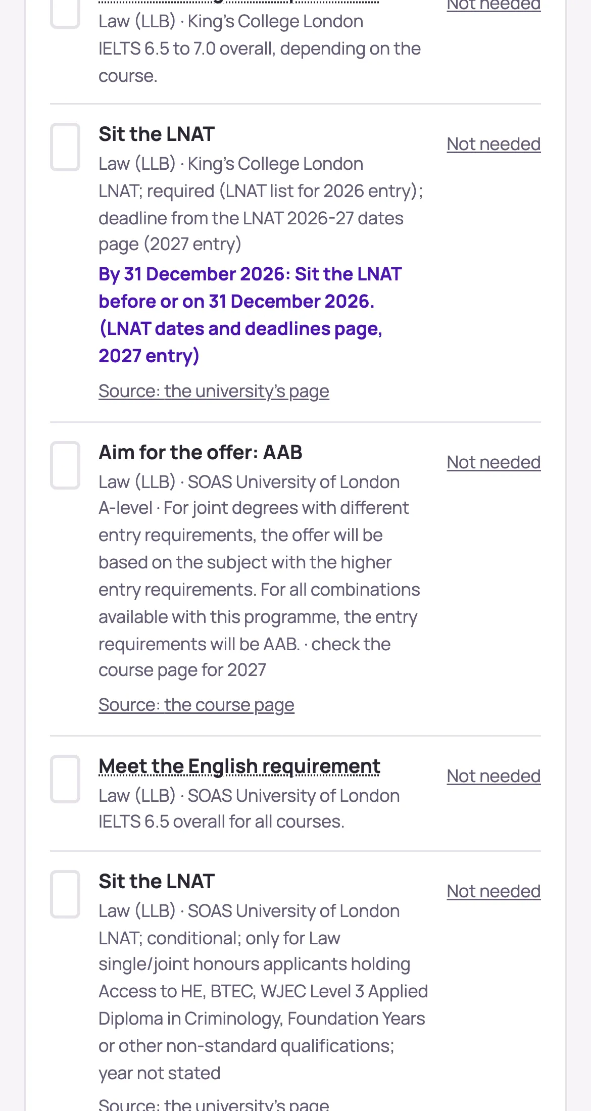 Her to-dos for King's College London: Sit the LNAT, by 31 December 2026.