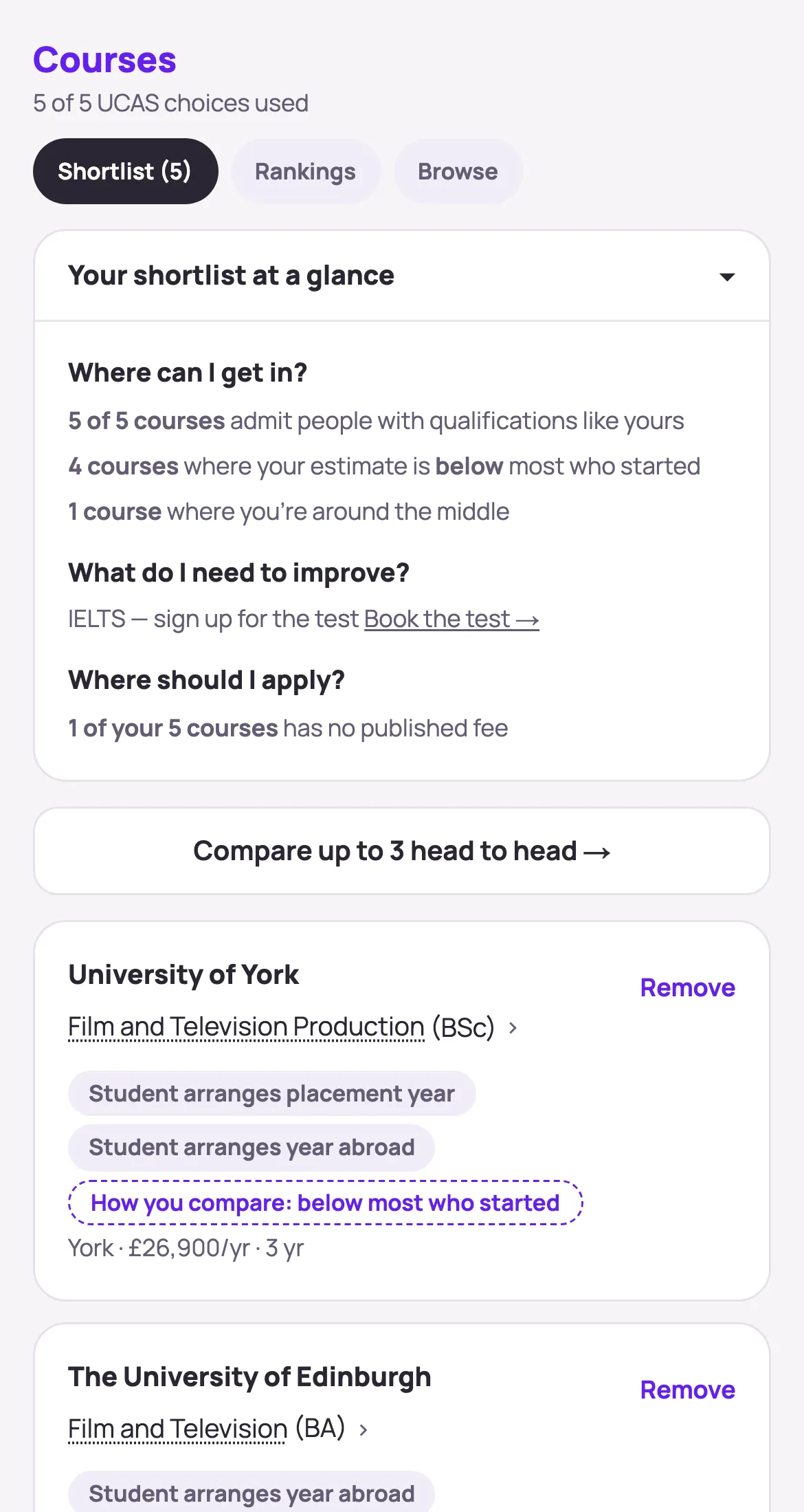 Her shortlist after removing two courses: 5 of 5 UCAS choices used.