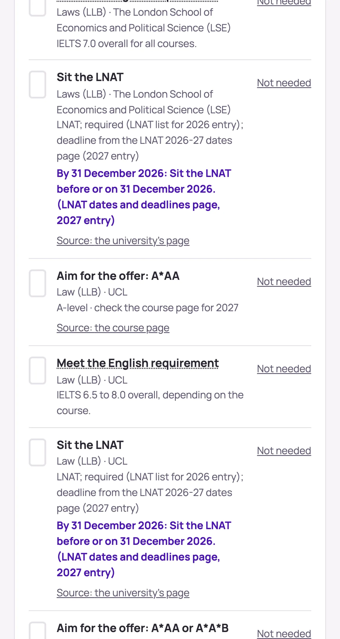 Her to-dos for LSE and for UCL: Sit the LNAT, by 31 December 2026, for each.