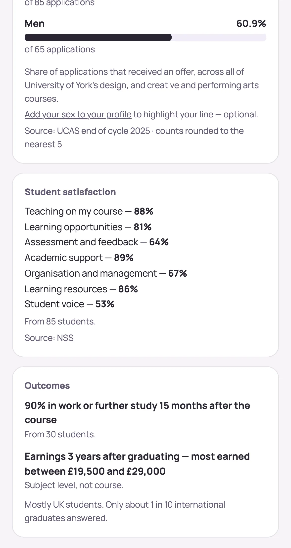 One course on a phone: student satisfaction, the share in work or further study after 15 months, and earnings three years after graduating.