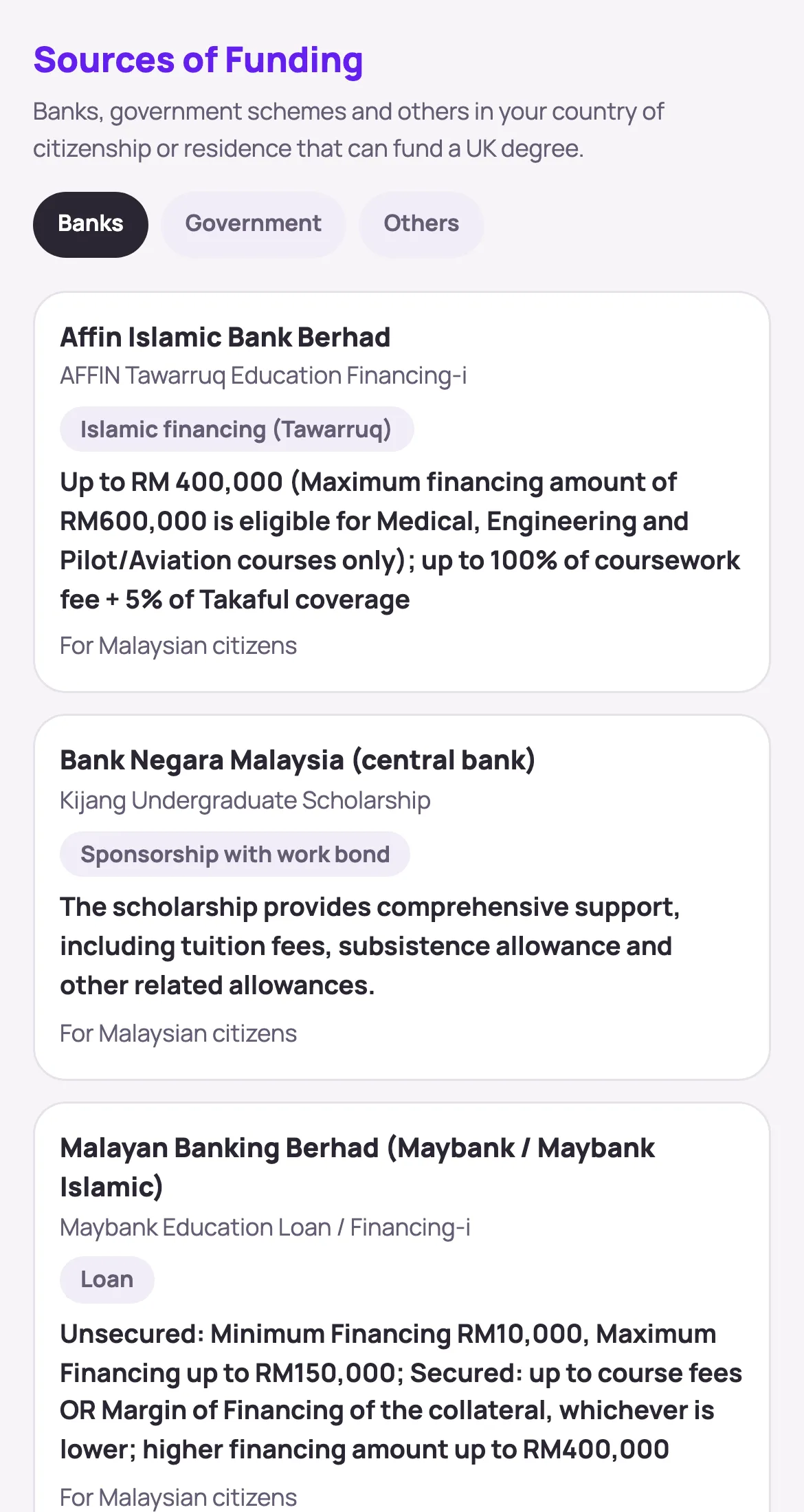Sources of funding for Malaysian citizens: Affin Islamic Bank, Bank Negara Malaysia's Kijang scholarship and Maybank's education loan, with the amount each offers.