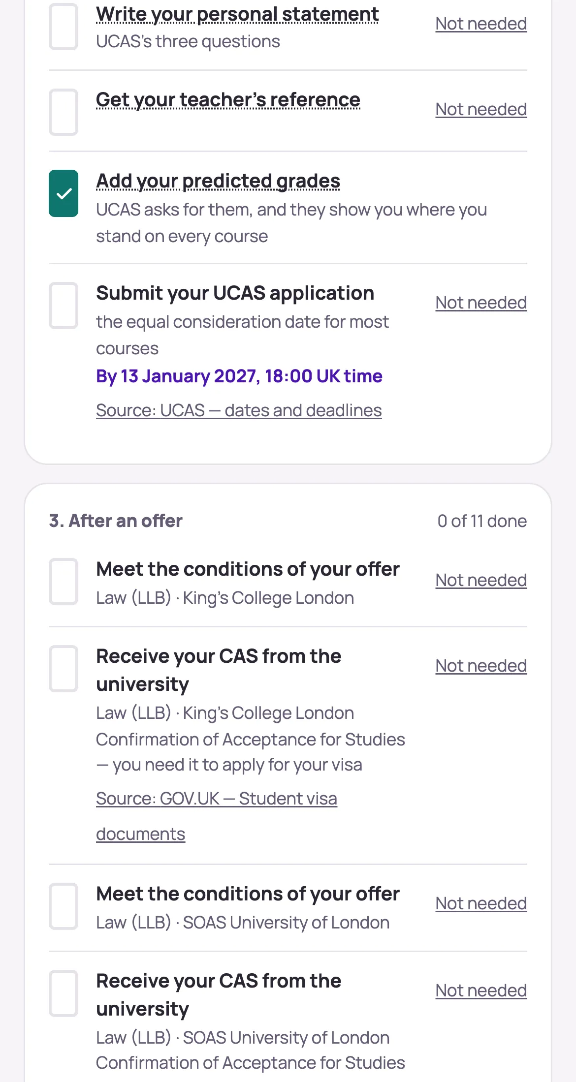 Her to-dos: Submit your UCAS application, by 13 January 2027, 18:00 UK time.