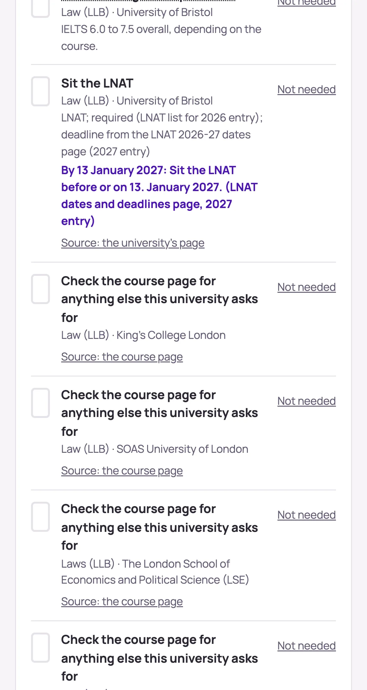 Her to-dos for the University of Bristol: Sit the LNAT, by 13 January 2027.