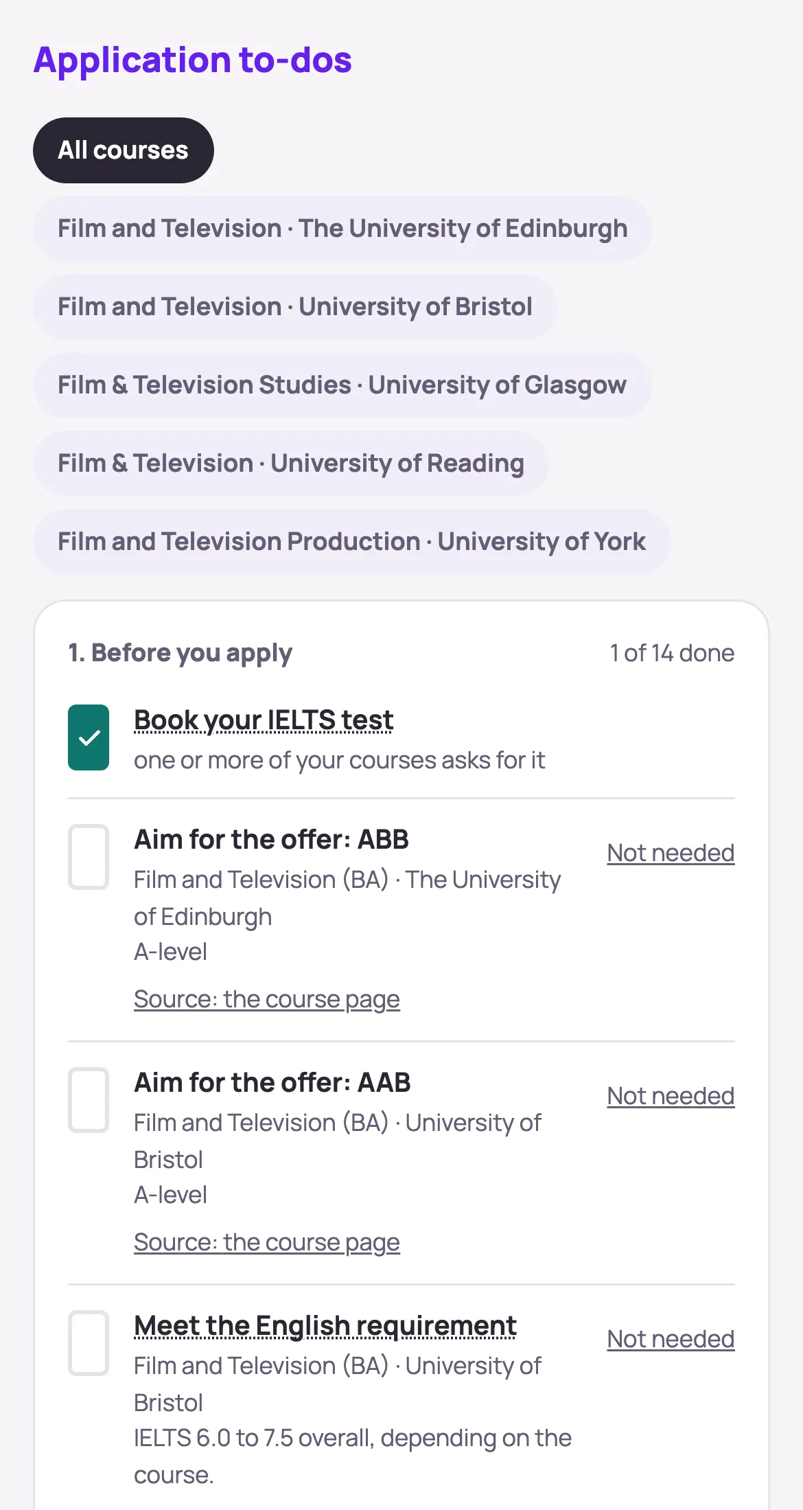 Her application to-dos, with Book your IELTS test ticked: 1 of 14 done before she applies.