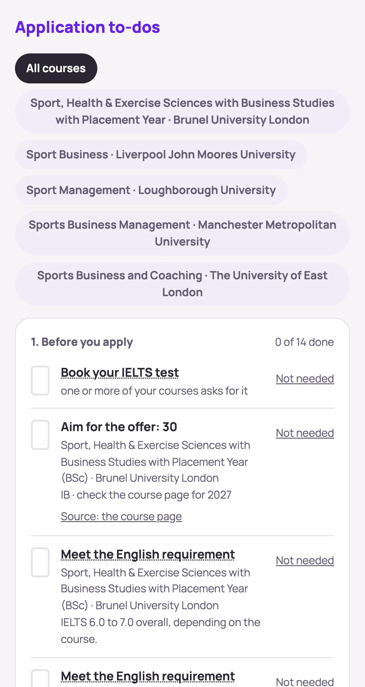 His application to-dos, with a tab for each of his five courses, Sport Management at Loughborough among them.