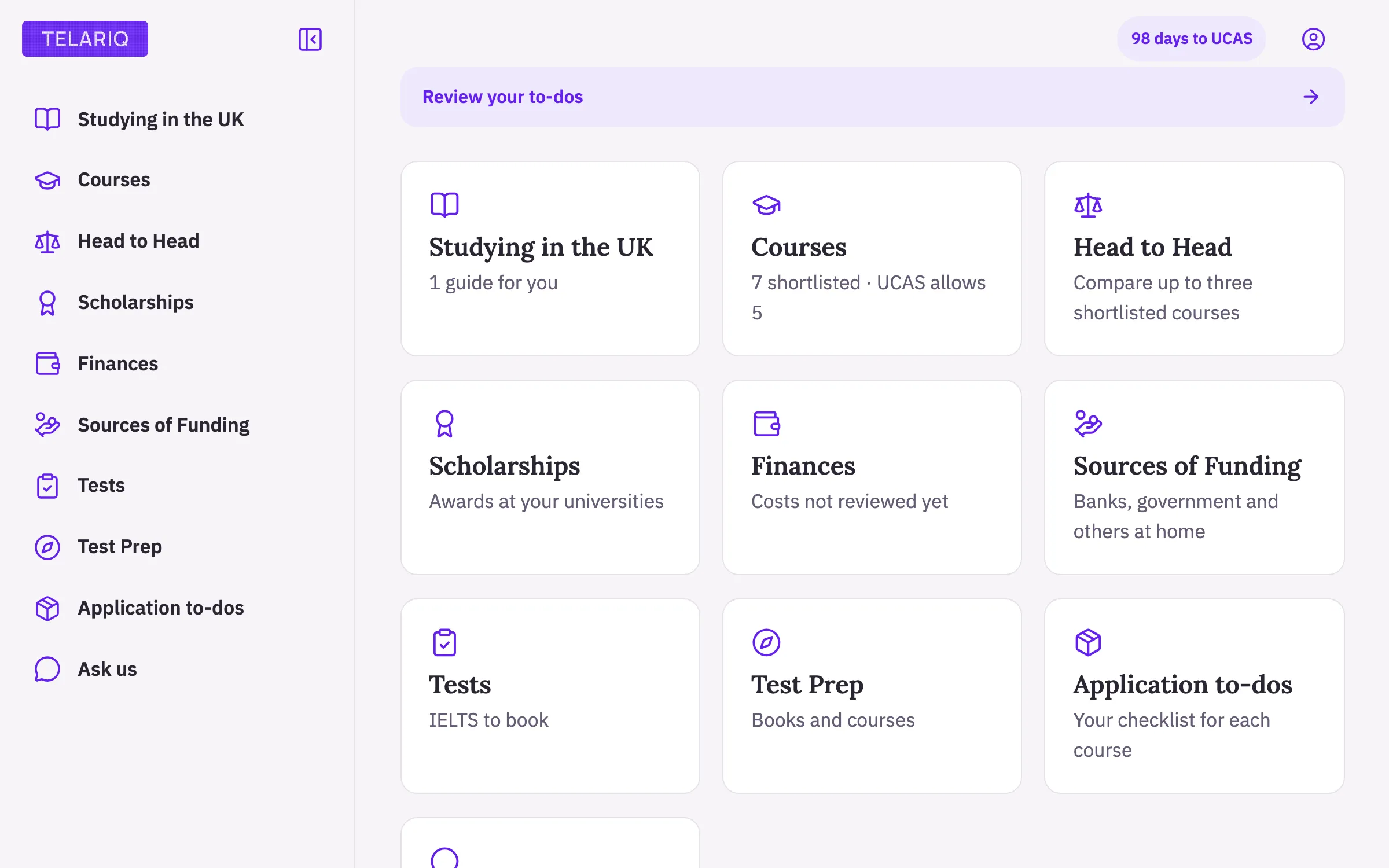 Telariq's home screen: ten tiles, from Courses and Head to Head to Scholarships, Finances, Tests and Application to-dos.